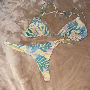Billabong Yellow and Blue Leaf Print Bikini